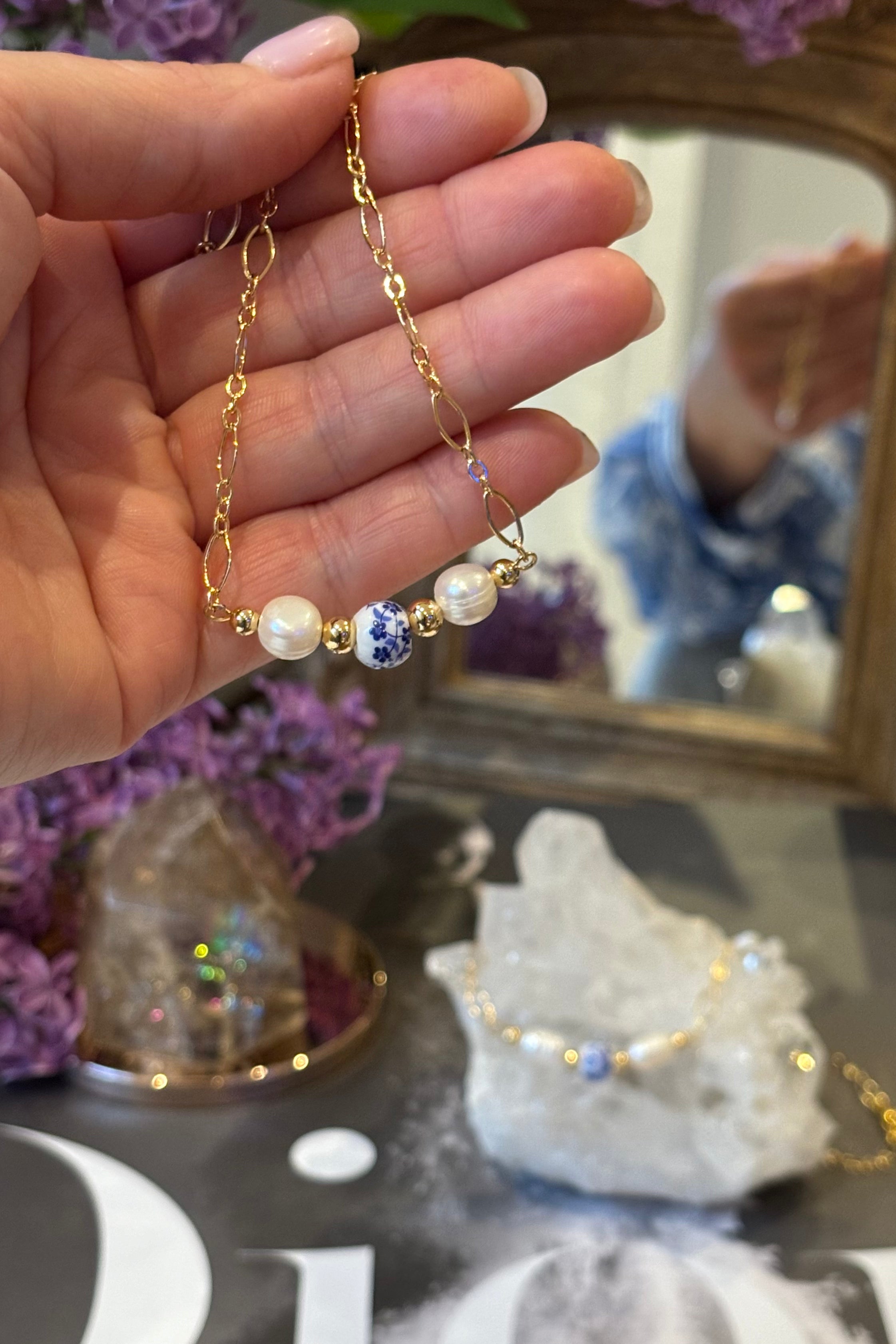 Floral Ceramic & Freshwater Pearl Necklace