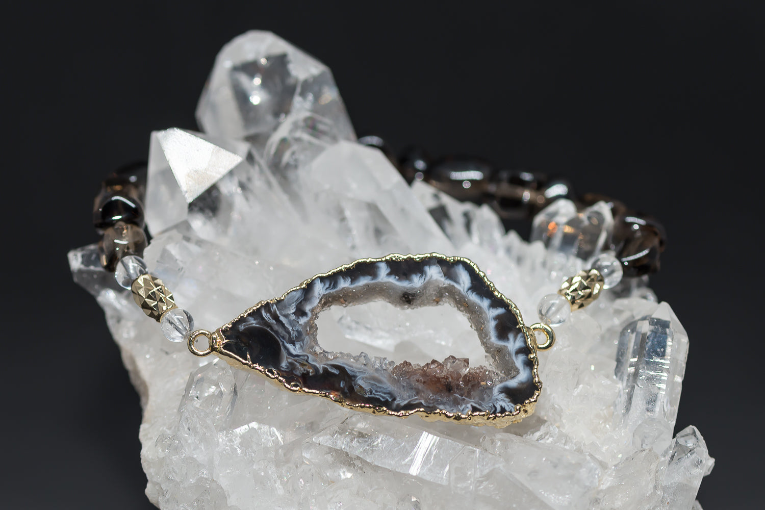 Smoky Quartz Stretchy Bracelet with Druzy Agate Oco Geode Slice Electroplated in Gold
