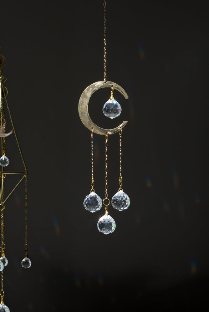 Triple Brass Crystal Moon Sun Catcher